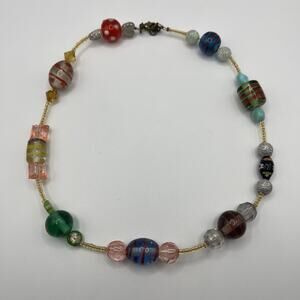 Vintage Lamp Work Millefiori Glass Beaded Necklace Colorful Whimsical Artisan